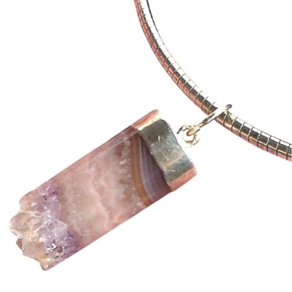Amethyst Quartz, Agate Cylinder Pendant & Sterling Silver Necklace - Picture 1 of 8